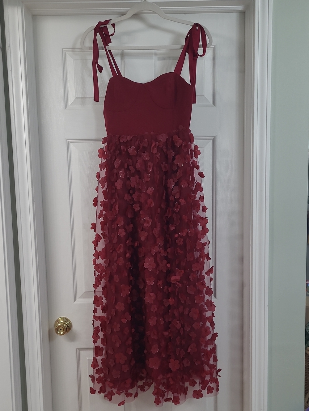 JJs House Burgundy Floral Appliqué Maxi Dress with Tie Straps